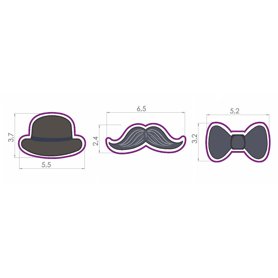 Set Cortador mini sombrero, bigote y corbatín